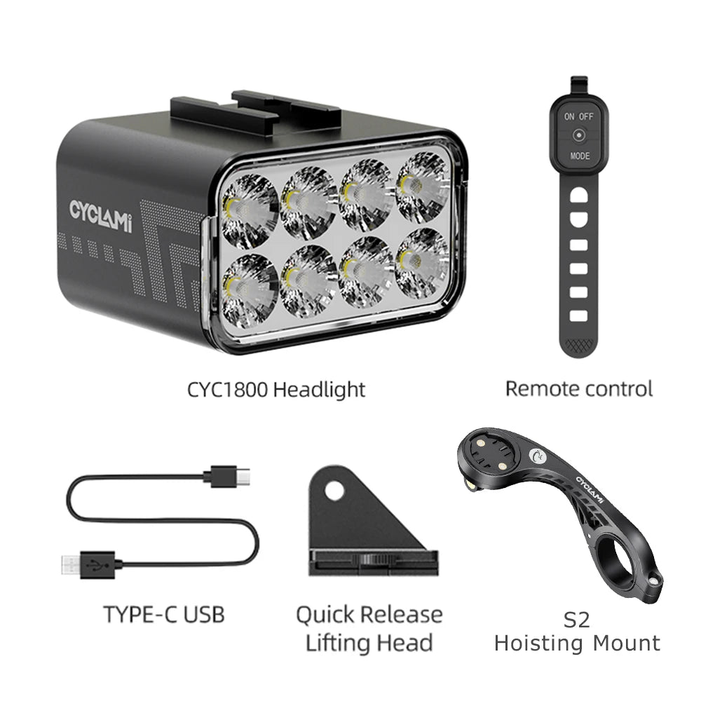 Wireless Remote Hoisting Bike Headlight 1800 Lumens Lifting Front Head Lamp Aluminum Alloy CYC1800 for Road MTB Mountain