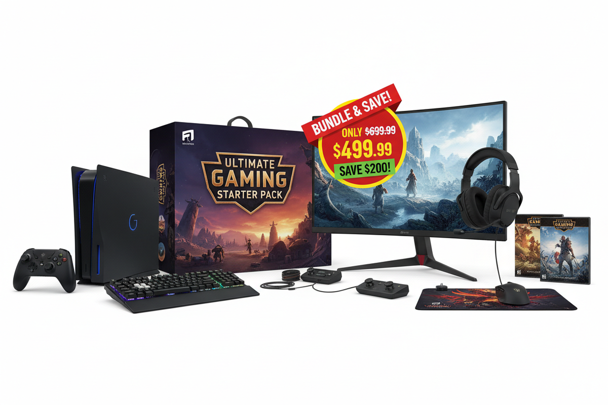 Ultimate gaming starter pack bundle items displayed together on white background