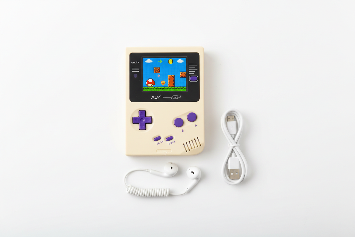 Retro handheld console flat lay with earphones and charging cable
