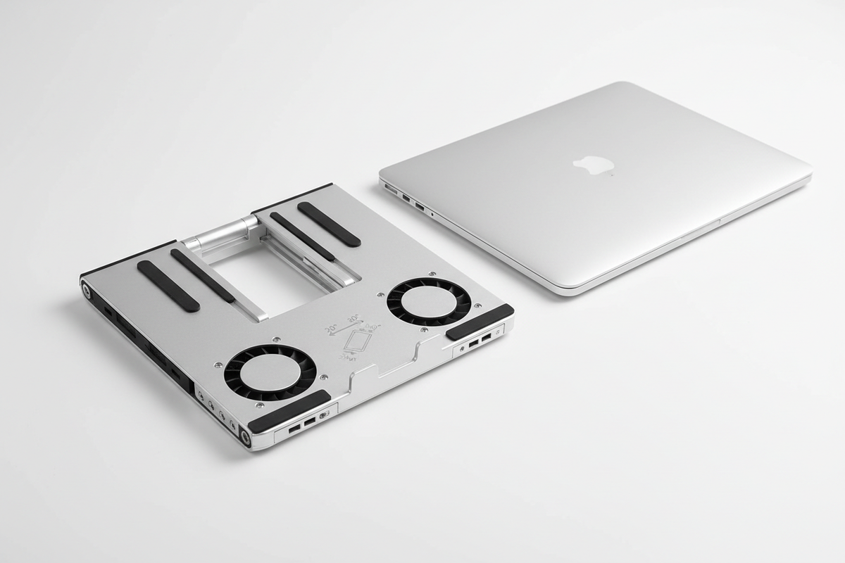 Laptop cooling stand folded flat showing adjustable angle positions
