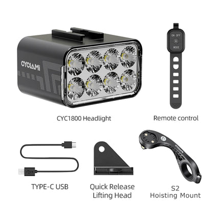 Wireless Remote Hoisting Bike Headlight 1800 Lumens Lifting Front Head Lamp Aluminum Alloy  CYC1800 for Road MTB Mountain