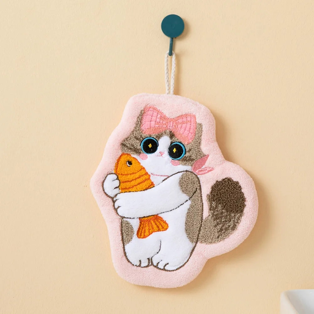Cute Cat Hand Towel Coral Fleece Strong Water Absorption Bathroom Kerchief Thickened Hanging Style Washcloth Kitchen
