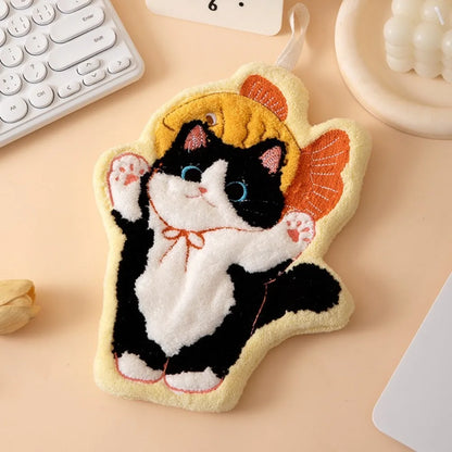 Cute Cat Hand Towel Coral Fleece Strong Water Absorption Bathroom Kerchief Thickened Hanging Style Washcloth Kitchen