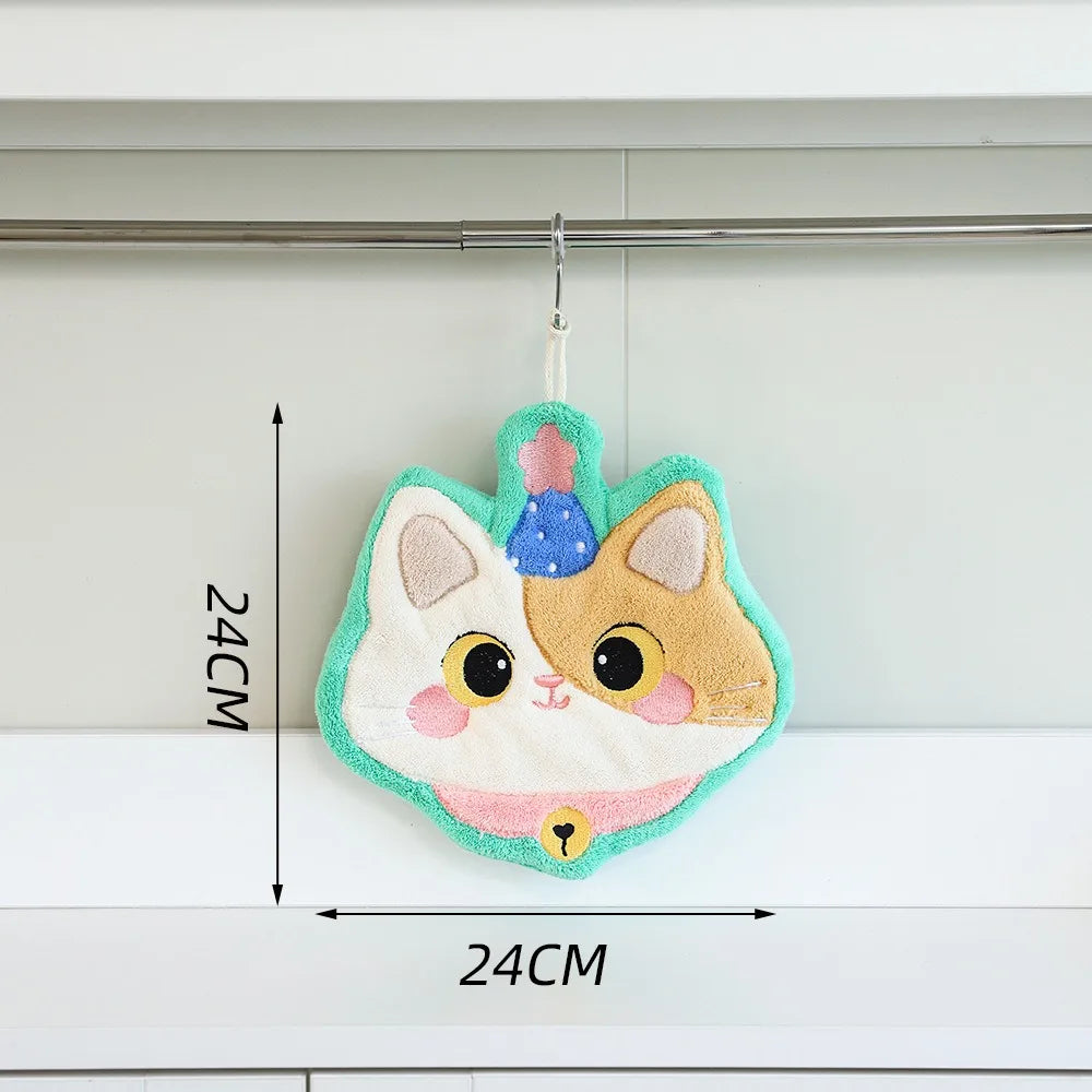 Cute Cat Hand Towel Coral Fleece Strong Water Absorption Bathroom Kerchief Thickened Hanging Style Washcloth Kitchen