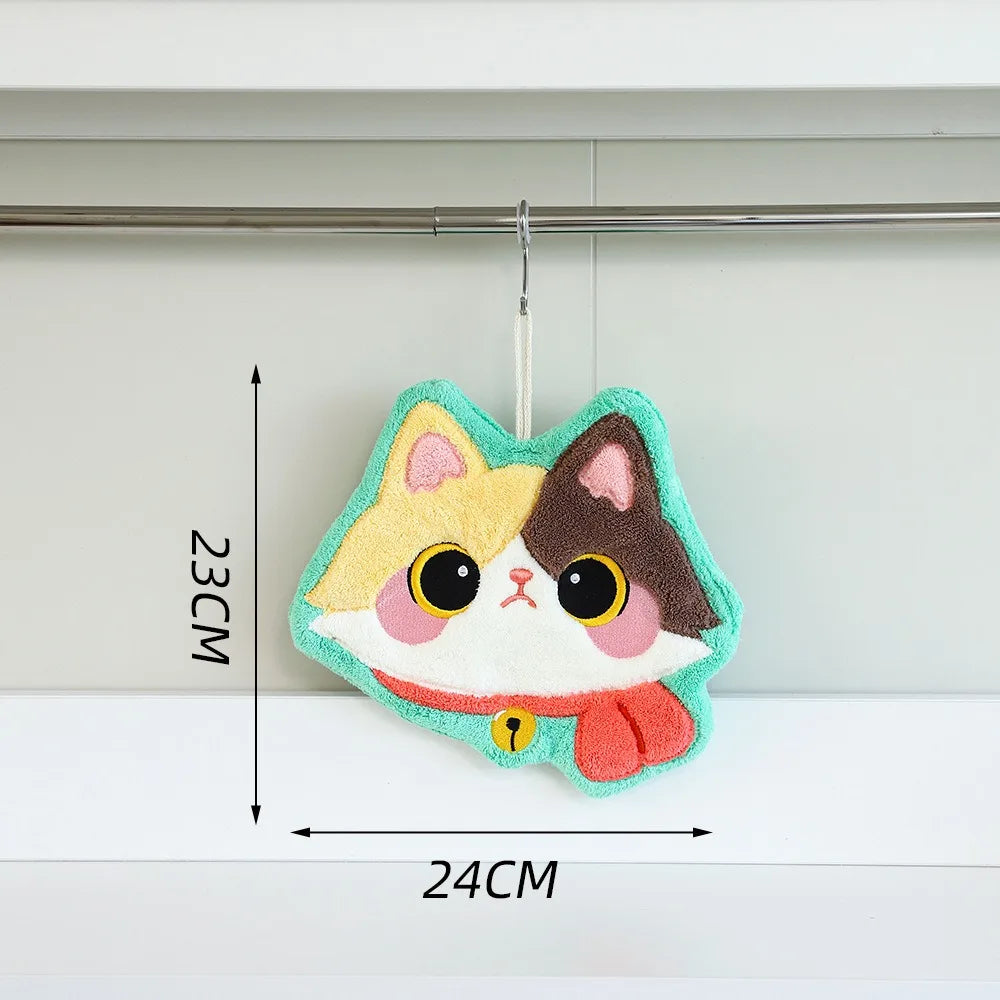 Cute Cat Hand Towel Coral Fleece Strong Water Absorption Bathroom Kerchief Thickened Hanging Style Washcloth Kitchen
