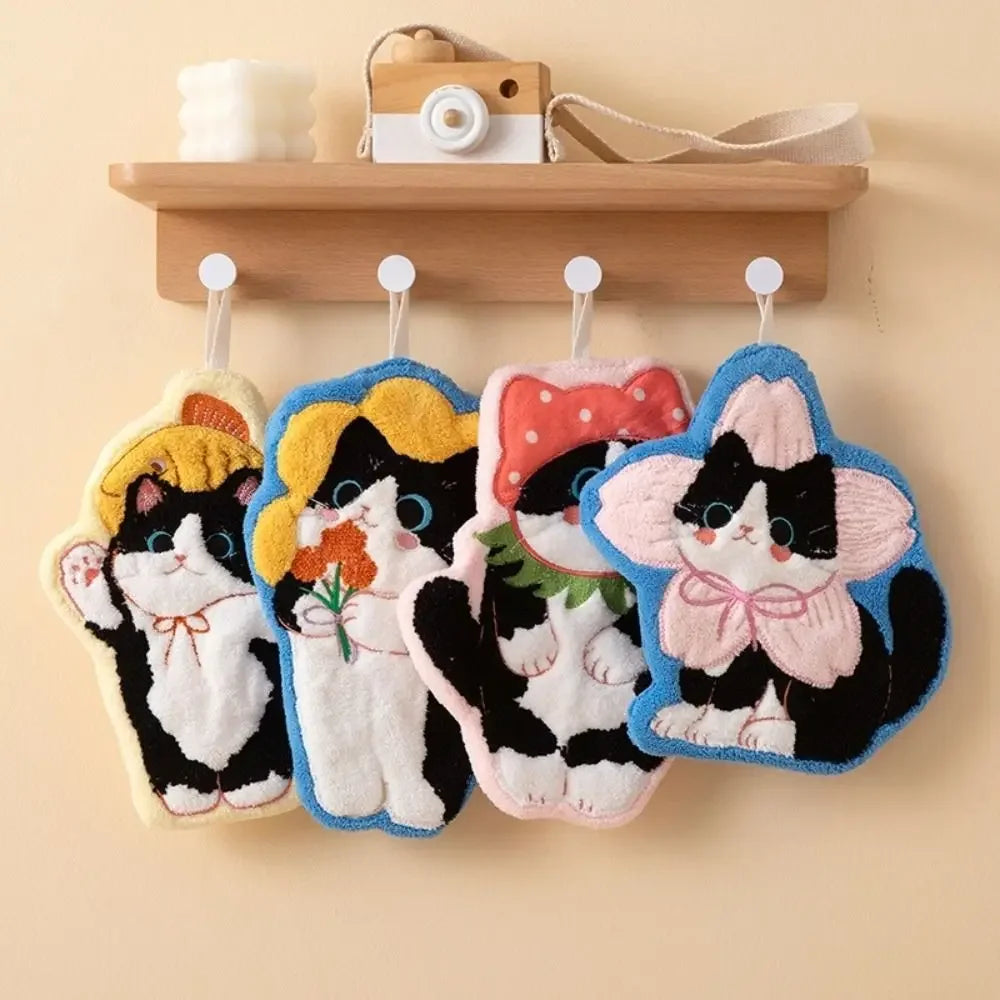 Cute Cat Hand Towel Coral Fleece Strong Water Absorption Bathroom Kerchief Thickened Hanging Style Washcloth Kitchen