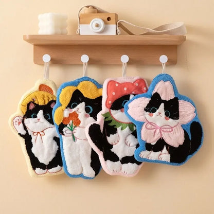Cute Cat Hand Towel Coral Fleece Strong Water Absorption Bathroom Kerchief Thickened Hanging Style Washcloth Kitchen