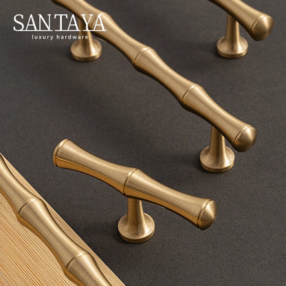 Solid Brushed Brass Handle Bamboo Kitchen Cabinet Pull Wardrobe Drawer Knob