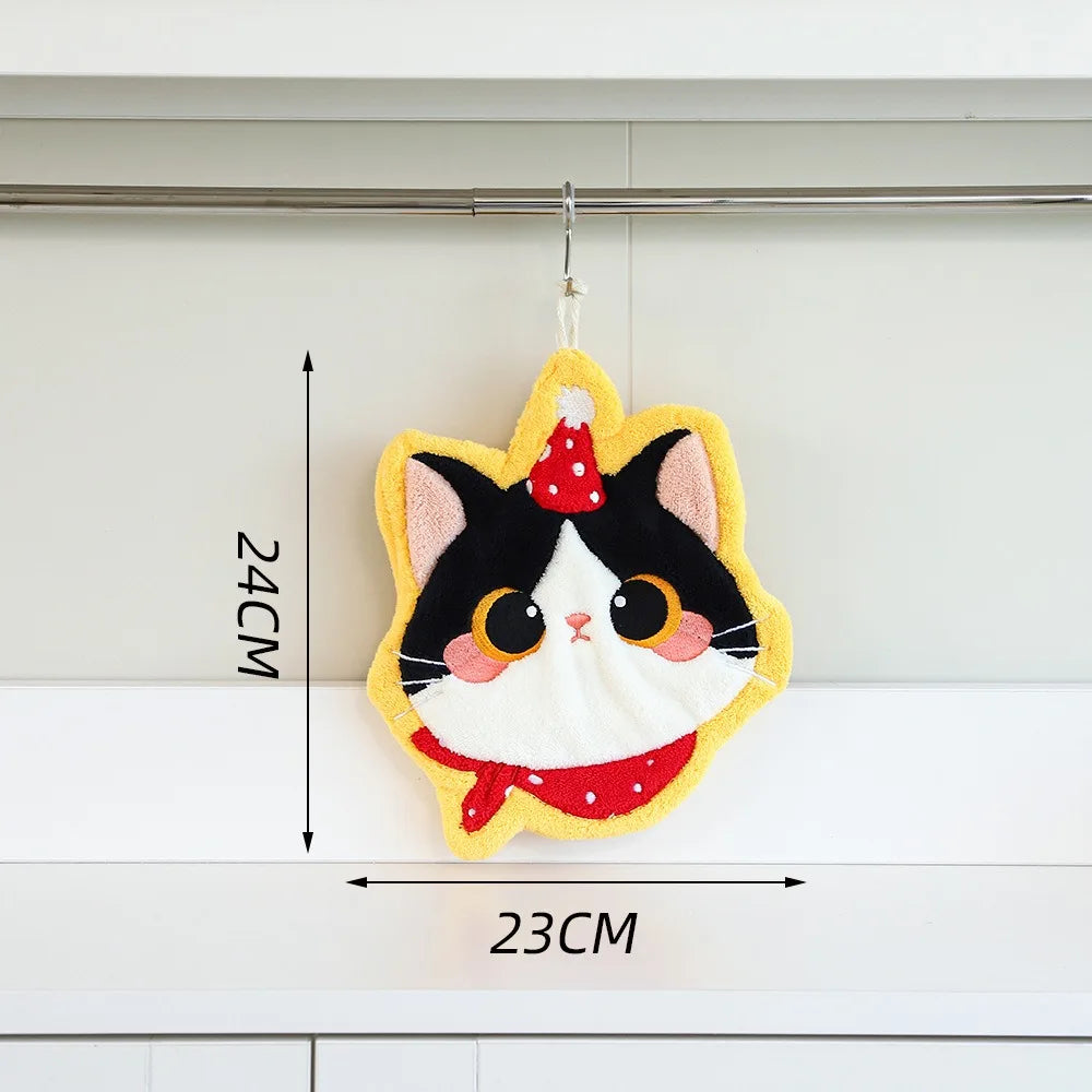 Cute Cat Hand Towel Coral Fleece Strong Water Absorption Bathroom Kerchief Thickened Hanging Style Washcloth Kitchen