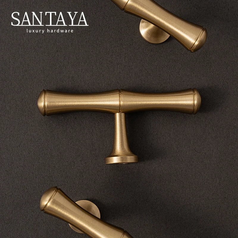 Solid Brushed Brass Handle Bamboo Kitchen Cabinet Pull Wardrobe Drawer Knob