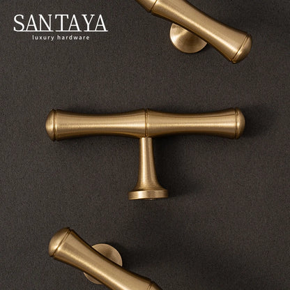 Solid Brushed Brass Handle Bamboo Kitchen Cabinet Pull Wardrobe Drawer Knob