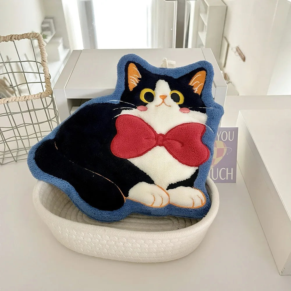 Cute Cat Hand Towel Coral Fleece Strong Water Absorption Bathroom Kerchief Thickened Hanging Style Washcloth Kitchen