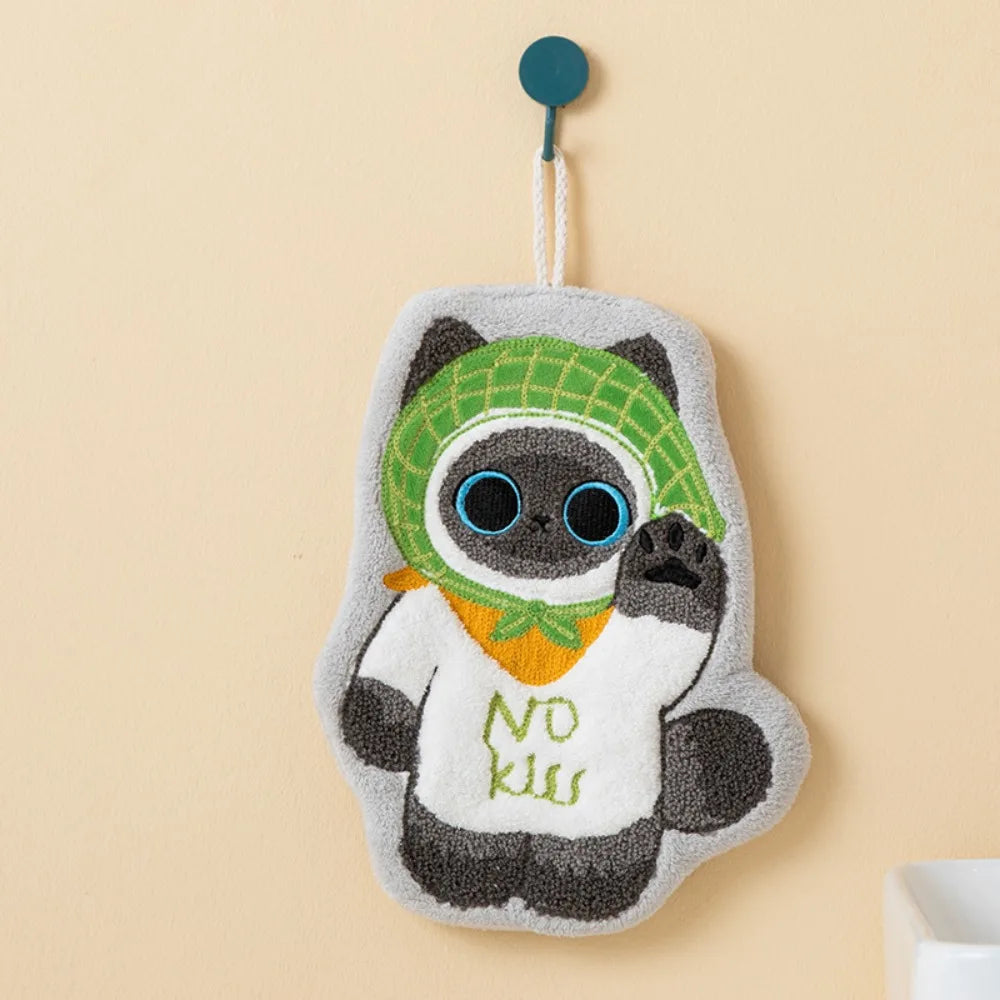Cute Cat Hand Towel Coral Fleece Strong Water Absorption Bathroom Kerchief Thickened Hanging Style Washcloth Kitchen