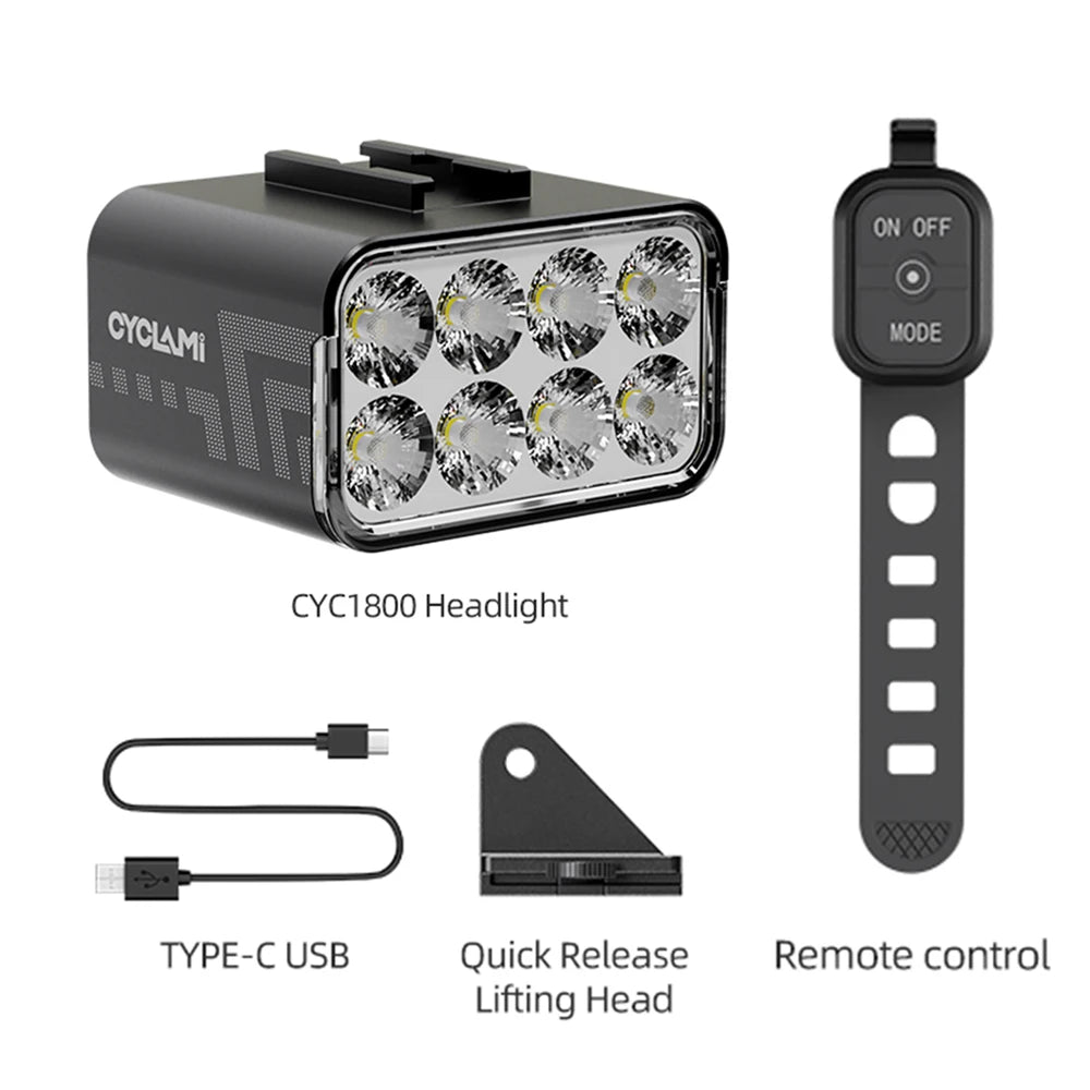 Wireless Remote Hoisting Bike Headlight 1800 Lumens Lifting Front Head Lamp Aluminum Alloy  CYC1800 for Road MTB Mountain