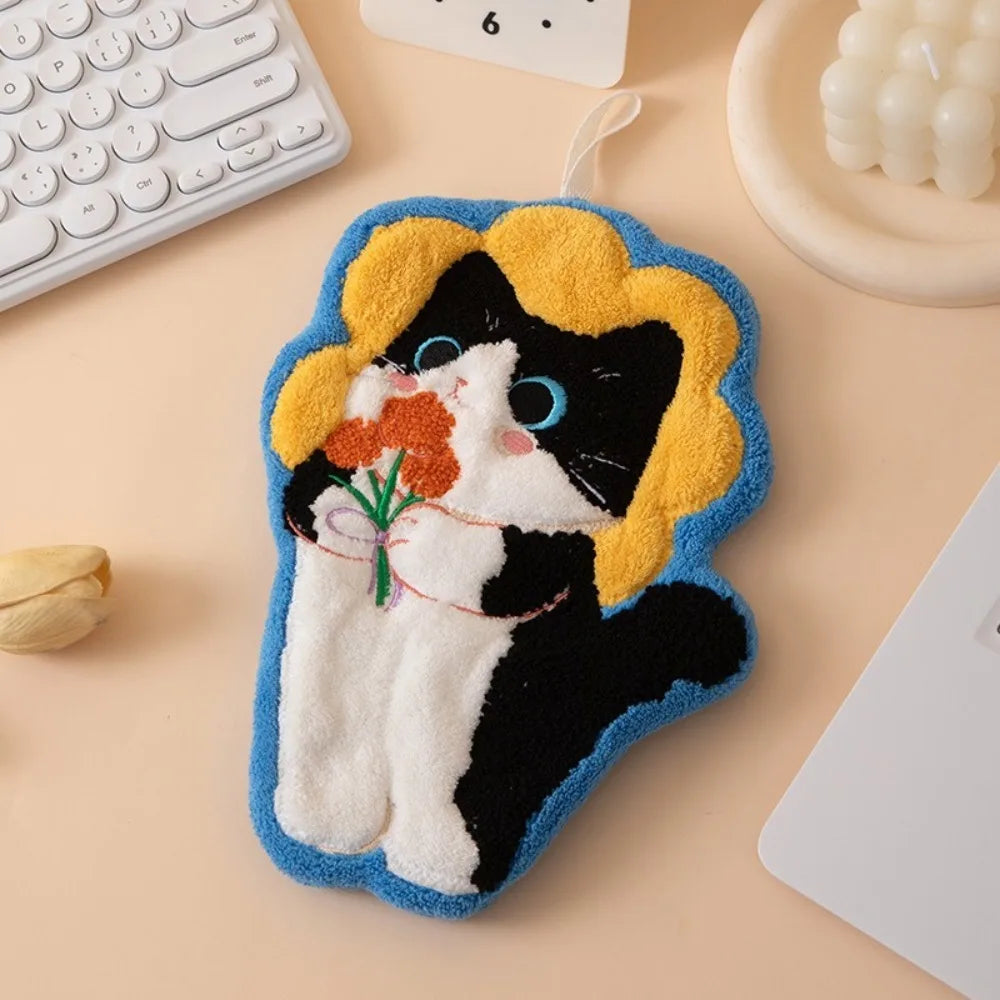 Cute Cat Hand Towel Coral Fleece Strong Water Absorption Bathroom Kerchief Thickened Hanging Style Washcloth Kitchen