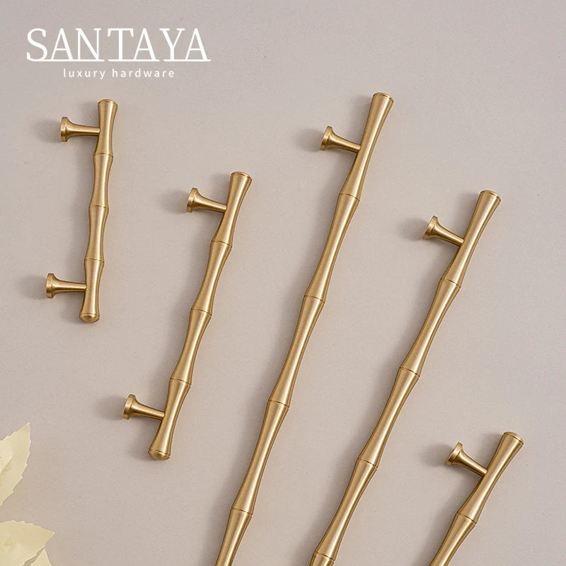 Solid Brushed Brass Handle Bamboo Kitchen Cabinet Pull Wardrobe Drawer Knob