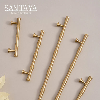 Solid Brushed Brass Handle Bamboo Kitchen Cabinet Pull Wardrobe Drawer Knob