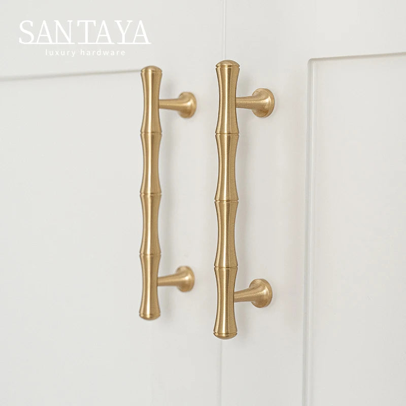 Solid Brushed Brass Handle Bamboo Kitchen Cabinet Pull Wardrobe Drawer Knob