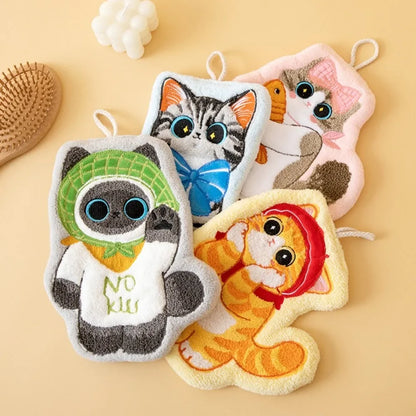 Cute Cat Hand Towel Coral Fleece Strong Water Absorption Bathroom Kerchief Thickened Hanging Style Washcloth Kitchen