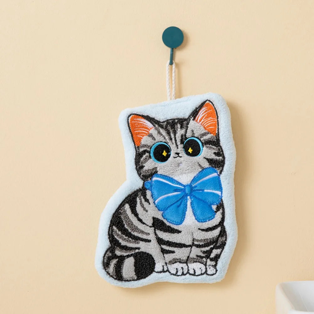 Cute Cat Hand Towel Coral Fleece Strong Water Absorption Bathroom Kerchief Thickened Hanging Style Washcloth Kitchen