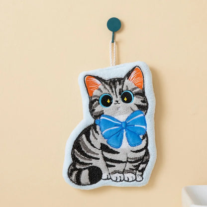 Cute Cat Hand Towel Coral Fleece Strong Water Absorption Bathroom Kerchief Thickened Hanging Style Washcloth Kitchen