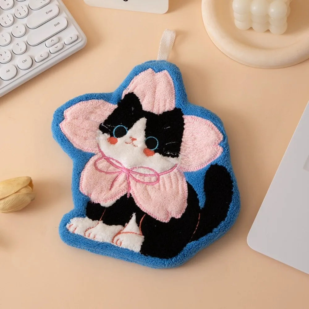 Cute Cat Hand Towel Coral Fleece Strong Water Absorption Bathroom Kerchief Thickened Hanging Style Washcloth Kitchen