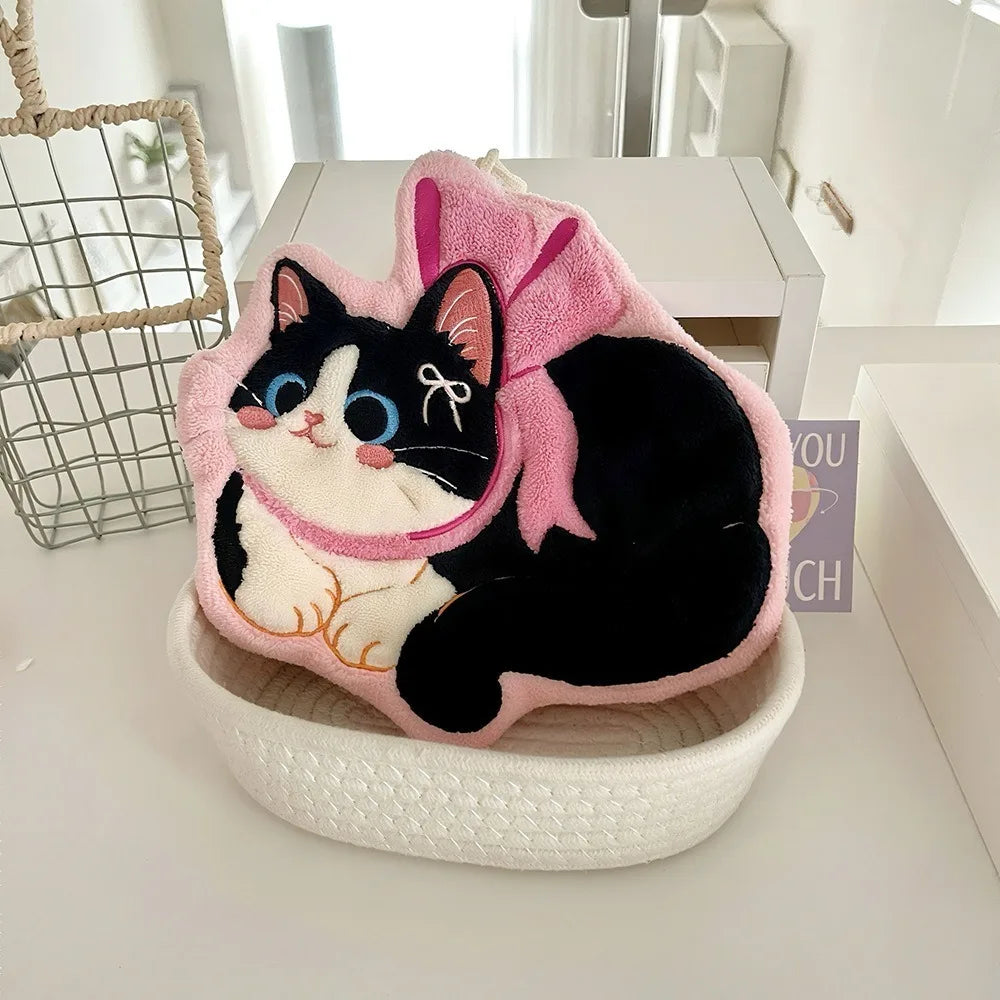Cute Cat Hand Towel Coral Fleece Strong Water Absorption Bathroom Kerchief Thickened Hanging Style Washcloth Kitchen