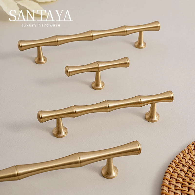 Solid Brushed Brass Handle Bamboo Kitchen Cabinet Pull Wardrobe Drawer Knob