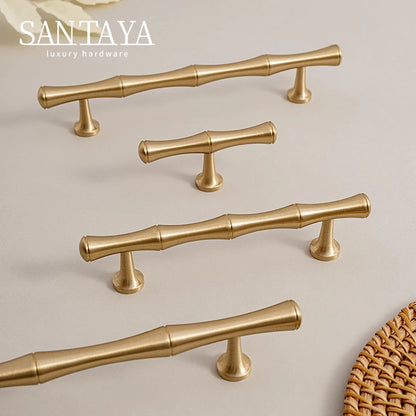 Solid Brushed Brass Handle Bamboo Kitchen Cabinet Pull Wardrobe Drawer Knob