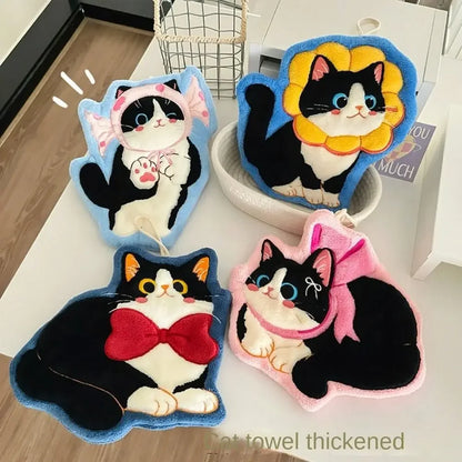 Cute Cat Hand Towel Coral Fleece Strong Water Absorption Bathroom Kerchief Thickened Hanging Style Washcloth Kitchen