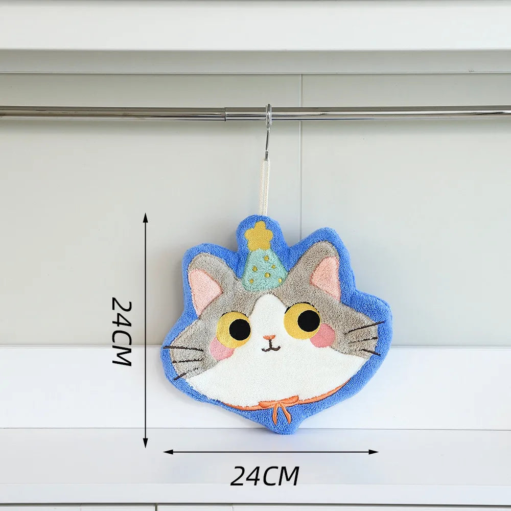 Cute Cat Hand Towel Coral Fleece Strong Water Absorption Bathroom Kerchief Thickened Hanging Style Washcloth Kitchen