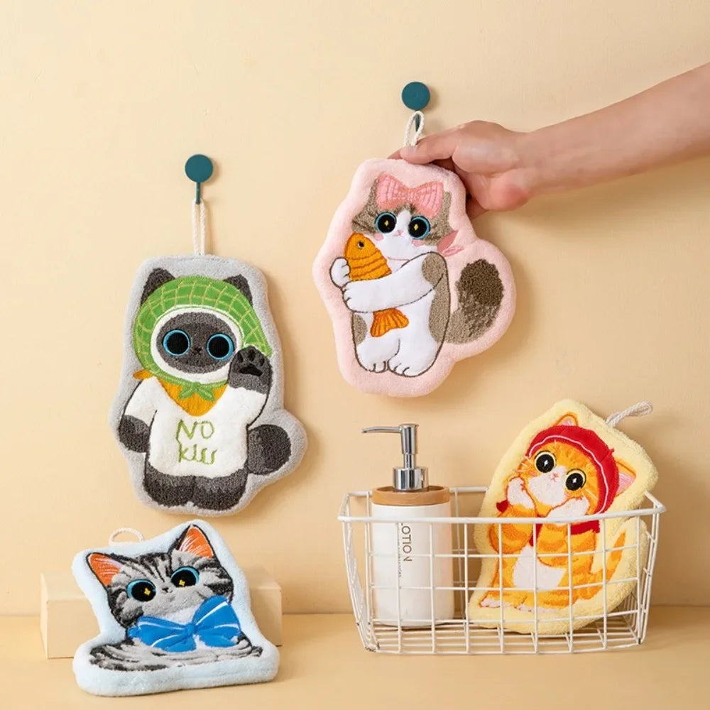 Cute Cat Hand Towel Coral Fleece Strong Water Absorption Bathroom Kerchief Thickened Hanging Style Washcloth Kitchen