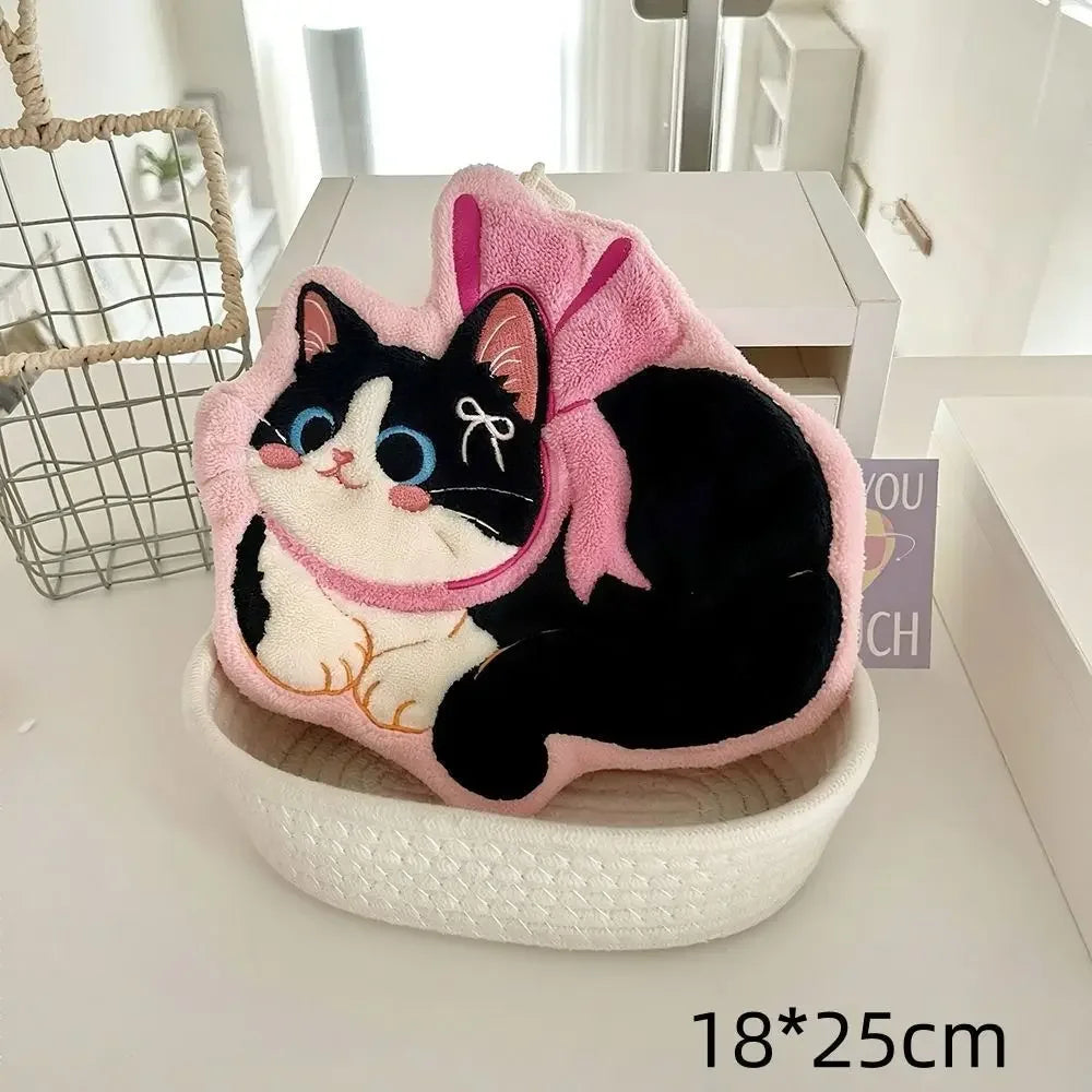 Cute Cat Hand Towel Coral Fleece Strong Water Absorption Bathroom Kerchief Thickened Hanging Style Washcloth Kitchen