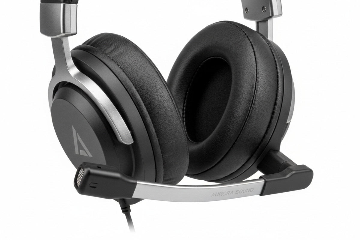 Close up of gaming headset ear cushions and microphone