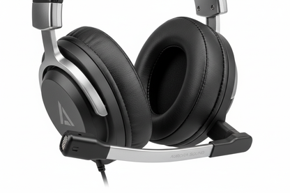 Close up of gaming headset ear cushions and microphone