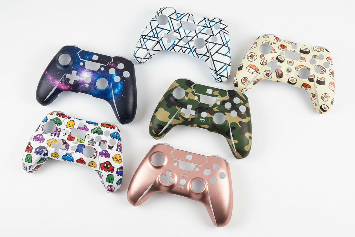 Multiple controller skin wraps in different designs flat lay