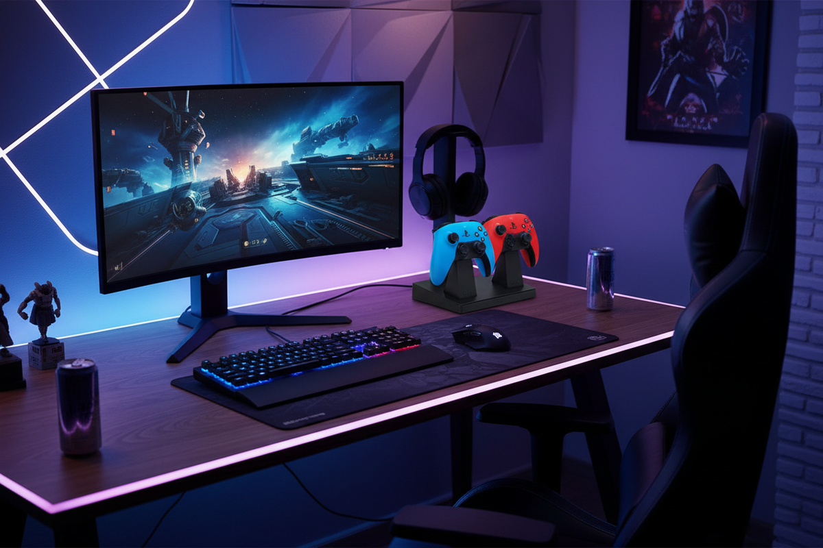 Dual controller charging dock on a gaming desk setup