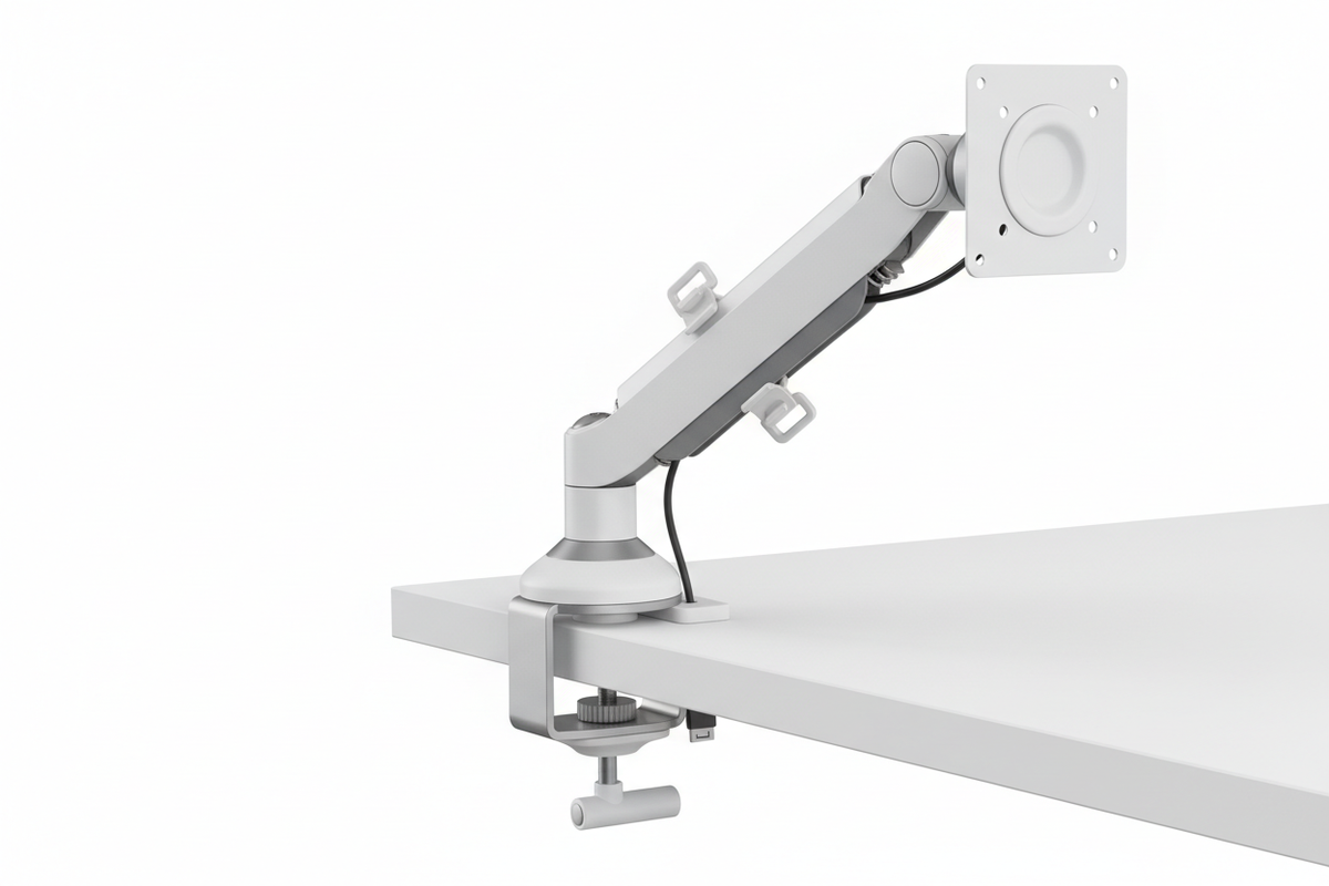 Monitor arm clamp base showing articulating joints and cable management clips