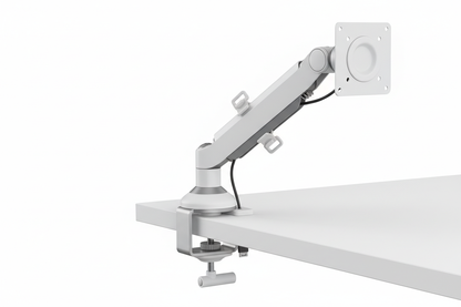 Monitor arm clamp base showing articulating joints and cable management clips