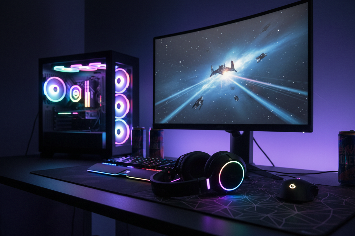 Gaming headset on desk with RGB lighting