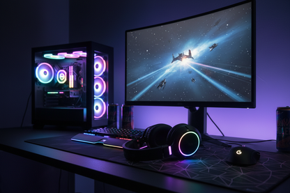 Gaming headset on desk with RGB lighting