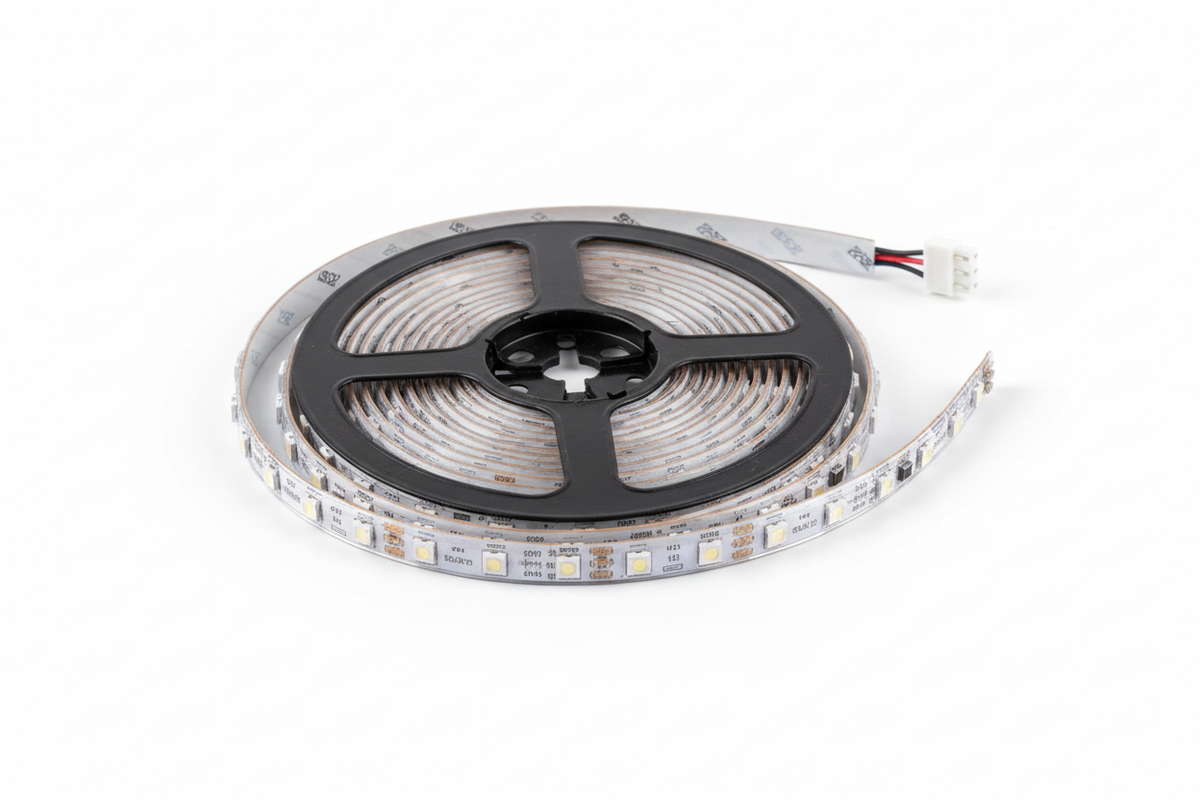 RGB LED light strip roll showing adhesive backing and connector