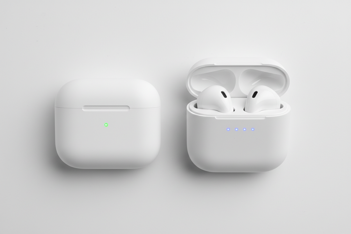 Wireless earbuds charging case open and closed side by side