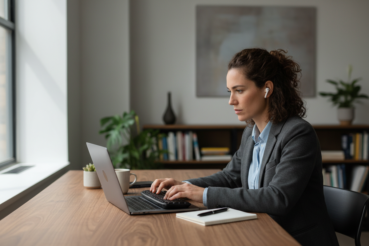 Person wearing wireless earbuds while working at desk