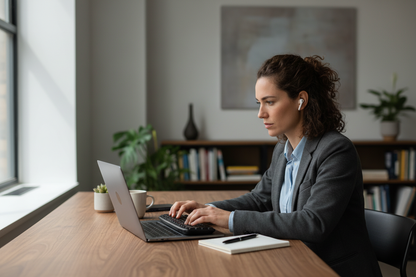 Person wearing wireless earbuds while working at desk