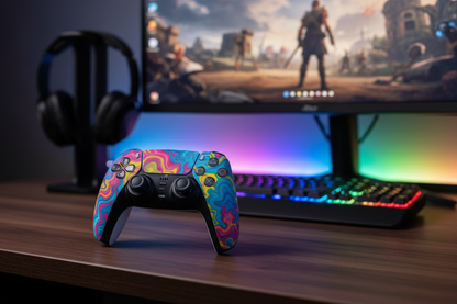 PS5 controller with colorful vinyl skin applied on gaming desk