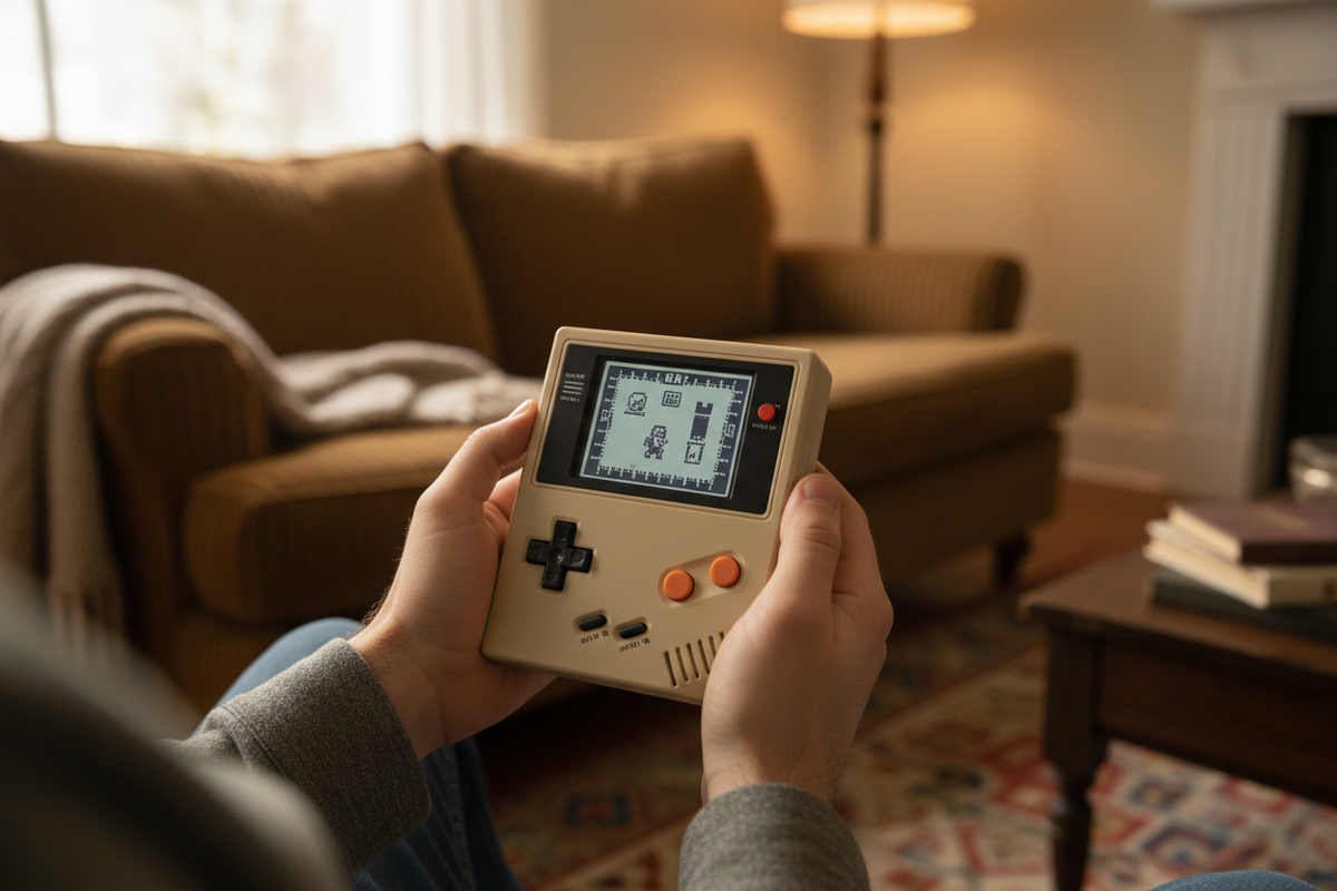 Hands holding retro handheld game console playing classic game