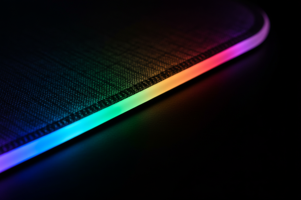 Close up of RGB gaming mouse pad LED edge glow