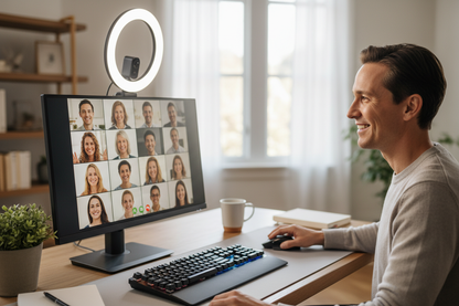 Person on video call with webcam and ring light on desk