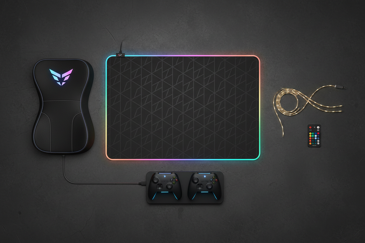 Gaming bundle flat lay with RGB mouse pad, lumbar cushion, LED strips and controller charging station